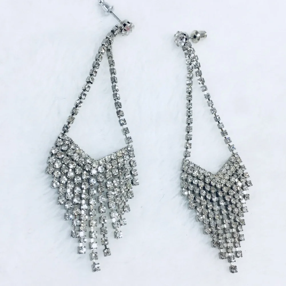 Silver Tone Post Pierced Earrings Clear Sparkling